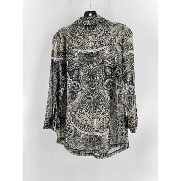 INC Black Paisley Long Sleeve Rhinestone Buttons Sheer Collared Top Shirt XL - Picture 8 of 14